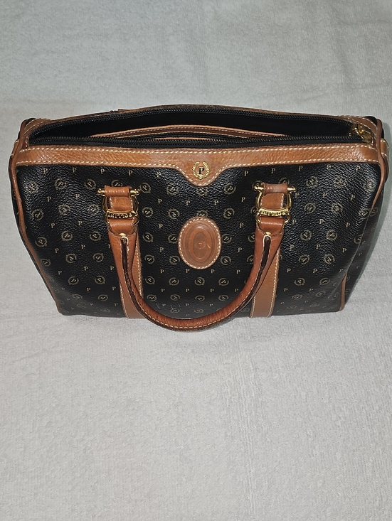 Pollini Handbags - Vintage Pollini Black Monogram Satchel with Brown Trim